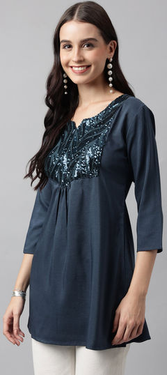 Party Wear Blue color Kurti in Poly cotton fabric with A Line, Long Sleeve Sequence work : 1906742