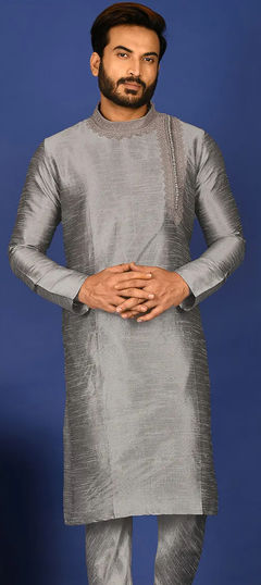 Black and Grey color Kurta in Art Silk fabric with Aari, Thread work