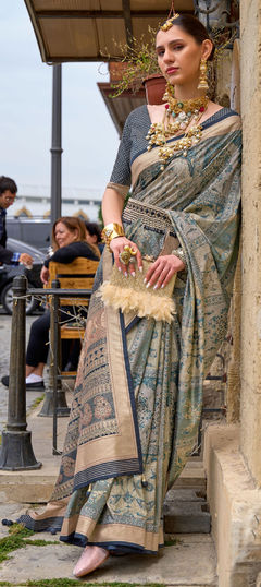 Bridal, Traditional, Wedding Black and Grey color Saree in Silk fabric with South Printed, Weaving work : 1906795