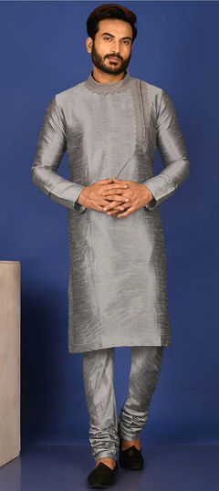 Black and Grey color Kurta Pyjamas in Art Silk fabric with Aari, Thread work