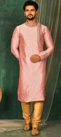 Pink and Majenta color Kurta Pyjamas in Art Silk fabric with Aari, Thread work