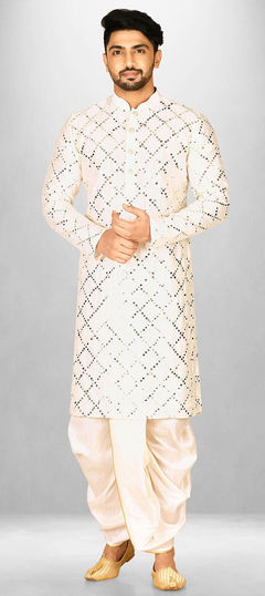 White and Off White color Dhoti Kurta in Cotton fabric with Mirror, Thread work