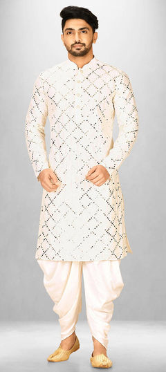 White and Off White color Dhoti Kurta in Cotton fabric with Mirror, Thread work