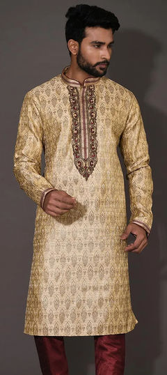 Beige and Brown color Kurta in Jamawar fabric with Embroidered, Thread, Zardozi work