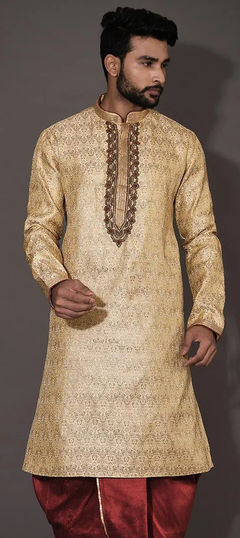 Beige and Brown color Kurta in Jamawar fabric with Embroidered, Thread, Zardozi work