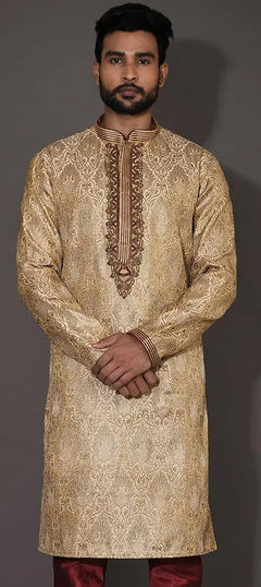 Beige and Brown color Kurta in Jamawar fabric with Embroidered, Thread, Zardozi work