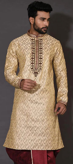 Beige and Brown color Kurta in Jamawar fabric with Embroidered, Thread, Zardozi work