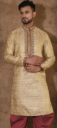 Beige and Brown color Kurta in Jamawar fabric with Embroidered, Thread, Zardozi work