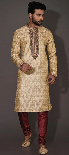 Beige and Brown color Kurta Pyjamas in Jamawar fabric with Embroidered, Thread, Zardozi work