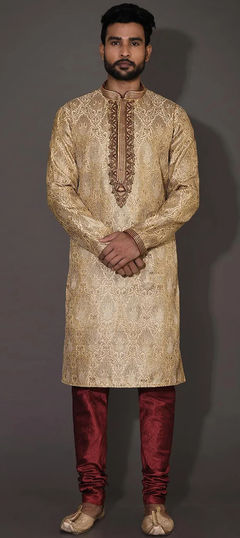 Beige and Brown color Kurta Pyjamas in Jamawar fabric with Embroidered, Thread, Zardozi work