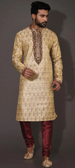 Beige and Brown color Kurta Pyjamas in Jamawar fabric with Embroidered, Thread, Zardozi work