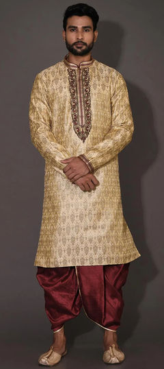 Beige and Brown color Dhoti Kurta in Jamawar fabric with Embroidered, Thread, Zardozi work