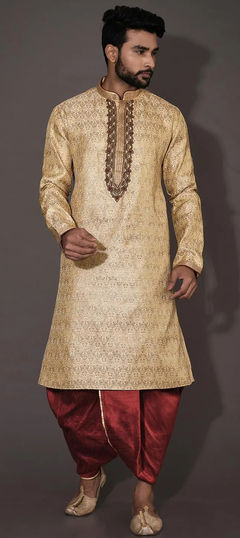 Beige and Brown color Dhoti Kurta in Jamawar fabric with Embroidered, Thread, Zardozi work