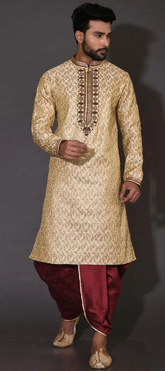 Beige and Brown color Dhoti Kurta in Jamawar fabric with Embroidered, Thread, Zardozi work