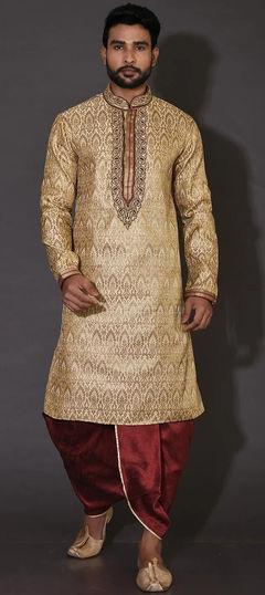 Beige and Brown color Dhoti Kurta in Jamawar fabric with Embroidered, Thread, Zardozi work