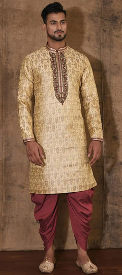 Beige and Brown color Dhoti Kurta in Jamawar fabric with Embroidered, Thread, Zardozi work