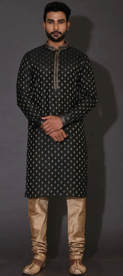 Black and Grey color Kurta Pyjamas in Poly cotton fabric with Embroidered, Thread work