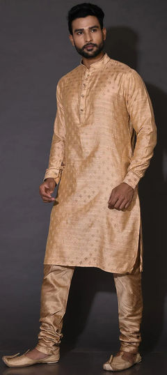 Beige and Brown color Kurta Pyjamas in Poly cotton fabric with Embroidered, Thread work