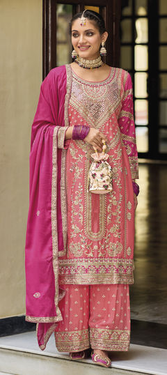 Pink and Majenta color Salwar Kameez in Art Silk fabric with Embroidered, Mirror, Stone, Thread, Zari work