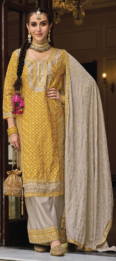 Yellow color Salwar Kameez in Art Silk fabric with Embroidered, Mirror, Sequence, Thread, Zari work