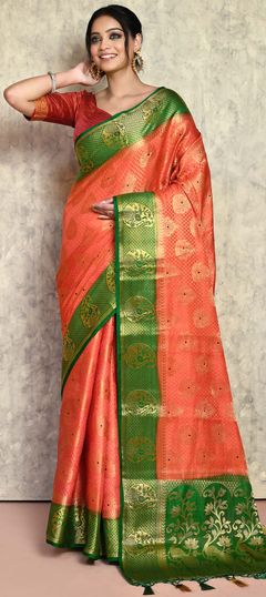 Pink and Majenta color Saree in Kanjeevaram Silk fabric with Stone, Weaving, Zari work