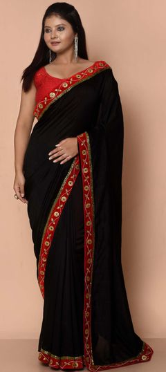 Black and Grey color Saree in Satin Silk fabric with Border, Cut Dana, Stone work