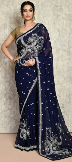 Blue color Saree in Georgette fabric with Cut Dana, Stone work