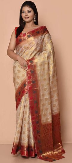 Bridal, Traditional, Wedding Red and Maroon, White and Off White color Saree in Kanjeevaram Silk fabric with South Stone, Weaving, Zari work : 1906932