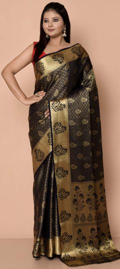 Black and Grey color Saree in Kanjeevaram Silk fabric with Weaving, Zari work