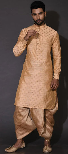 Beige and Brown color Dhoti Kurta in Poly cotton fabric with Embroidered, Thread work