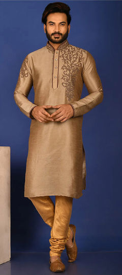 Beige and Brown color Kurta Pyjamas in Art Silk fabric with Aari, Embroidered, Thread work