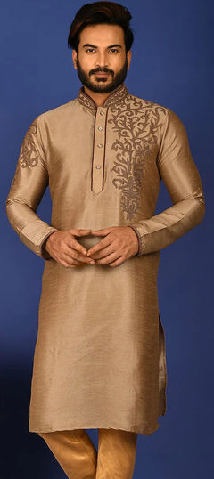 Beige and Brown color Kurta in Art Silk fabric with Aari, Embroidered, Thread work