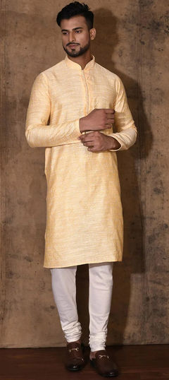 Beige and Brown color Kurta Pyjamas in Poly cotton fabric with Thread work