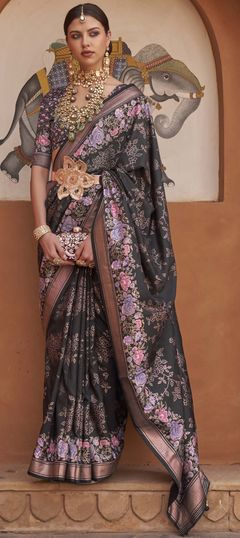 Festive, Reception, Wedding Black and Grey color Saree in Viscose fabric with Classic Floral, Printed, Weaving work : 1907027