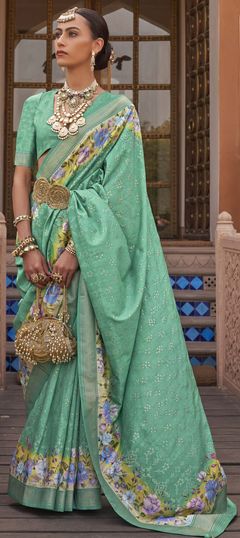 Festive, Reception, Wedding Green color Saree in Viscose fabric with Classic Floral, Printed, Weaving work : 1907030