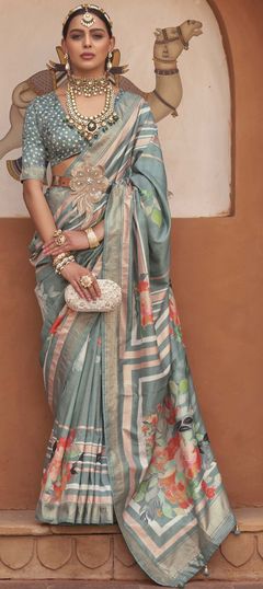 Festive, Reception, Wedding Green color Saree in Viscose fabric with Classic Floral, Printed, Weaving work : 1907031