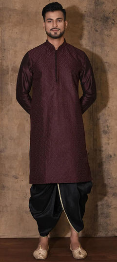 Purple and Violet color Dhoti Kurta in Art Dupion Silk fabric with Embroidered, Resham, Thread work