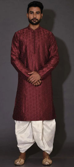 Red and Maroon color Dhoti Kurta in Art Dupion Silk fabric with Embroidered, Resham, Thread work