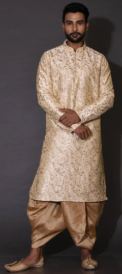 Beige and Brown color Dhoti Kurta in Art Dupion Silk fabric with Embroidered, Resham, Thread work