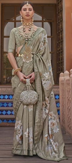 Beige and Brown color Saree in Viscose fabric with Floral, Printed, Weaving work