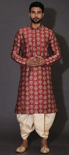 Red and Maroon color Dhoti Kurta in Art Dupion Silk fabric with Embroidered, Resham, Thread work