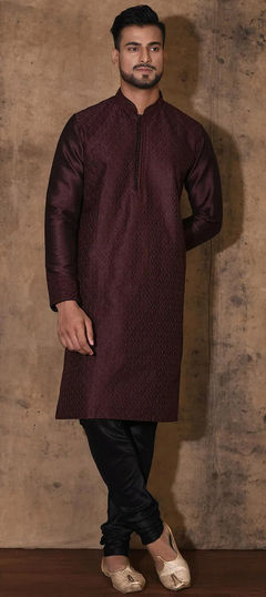 Purple and Violet color Kurta Pyjamas in Art Dupion Silk fabric with Embroidered, Resham, Thread work