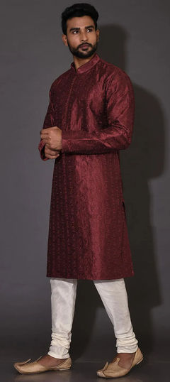 Red and Maroon color Kurta Pyjamas in Art Dupion Silk fabric with Embroidered, Resham, Thread work