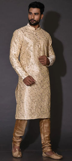 Beige and Brown color Kurta Pyjamas in Art Dupion Silk fabric with Embroidered, Resham, Thread work