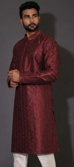 Red and Maroon color Kurta in Art Dupion Silk fabric with Embroidered, Resham, Thread work