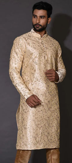 Beige and Brown color Kurta in Art Dupion Silk fabric with Embroidered, Resham, Thread work