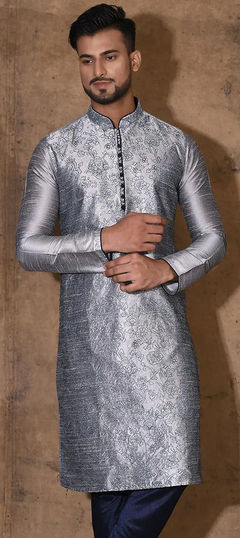 Black and Grey color Kurta in Art Dupion Silk fabric with Embroidered, Resham, Thread work