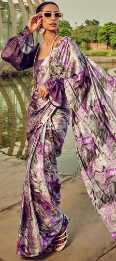 Multicolor color Saree in Satin Silk, Silk fabric with Digital Print work