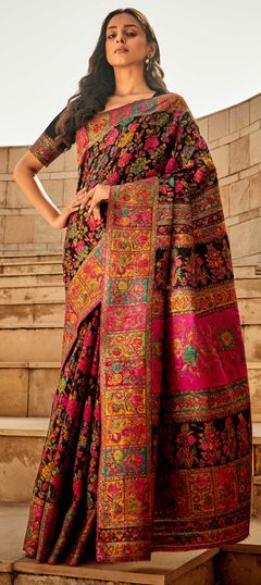 Festive, Party Wear, Traditional Black and Grey color Saree in Handloom fabric with Bengali Floral, Printed, Weaving work : 1907271