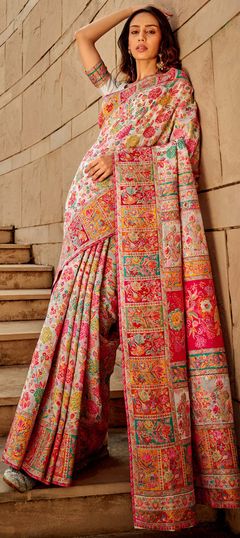 Festive, Party Wear, Traditional White and Off White color Saree in Handloom fabric with Bengali Floral, Printed, Weaving work : 1907274